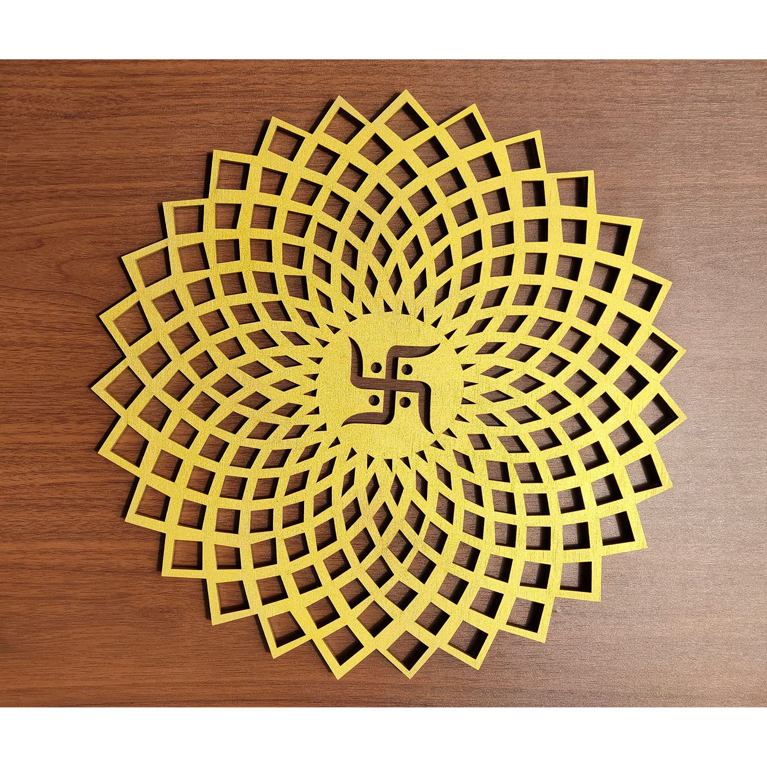 My Dream Carts Golden Round Decorative Wall Art Mdf Wooden Swastika Chakra For Temple, Living Room, Office, Hotel, Home Decor Items, Gift Item, Mandala Wall Hanging For House Decoration 20x20cm