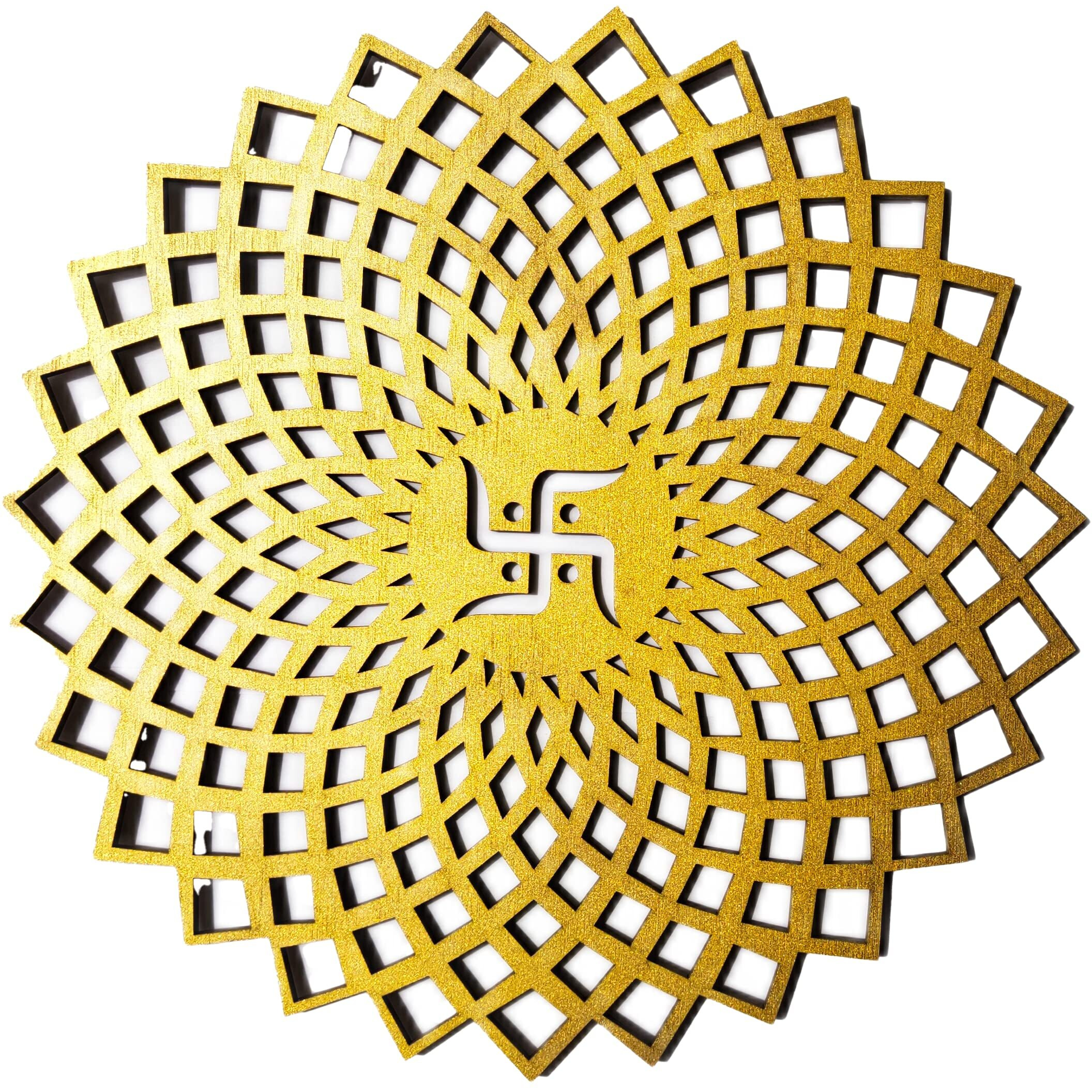 My Dream Carts Golden Round Decorative Wall Art Mdf Wooden Swastika Chakra For Temple, Living Room, Office, Hotel, Home Decor Items, Gift Item, Mandala Wall Hanging For House Decoration 20x20cm