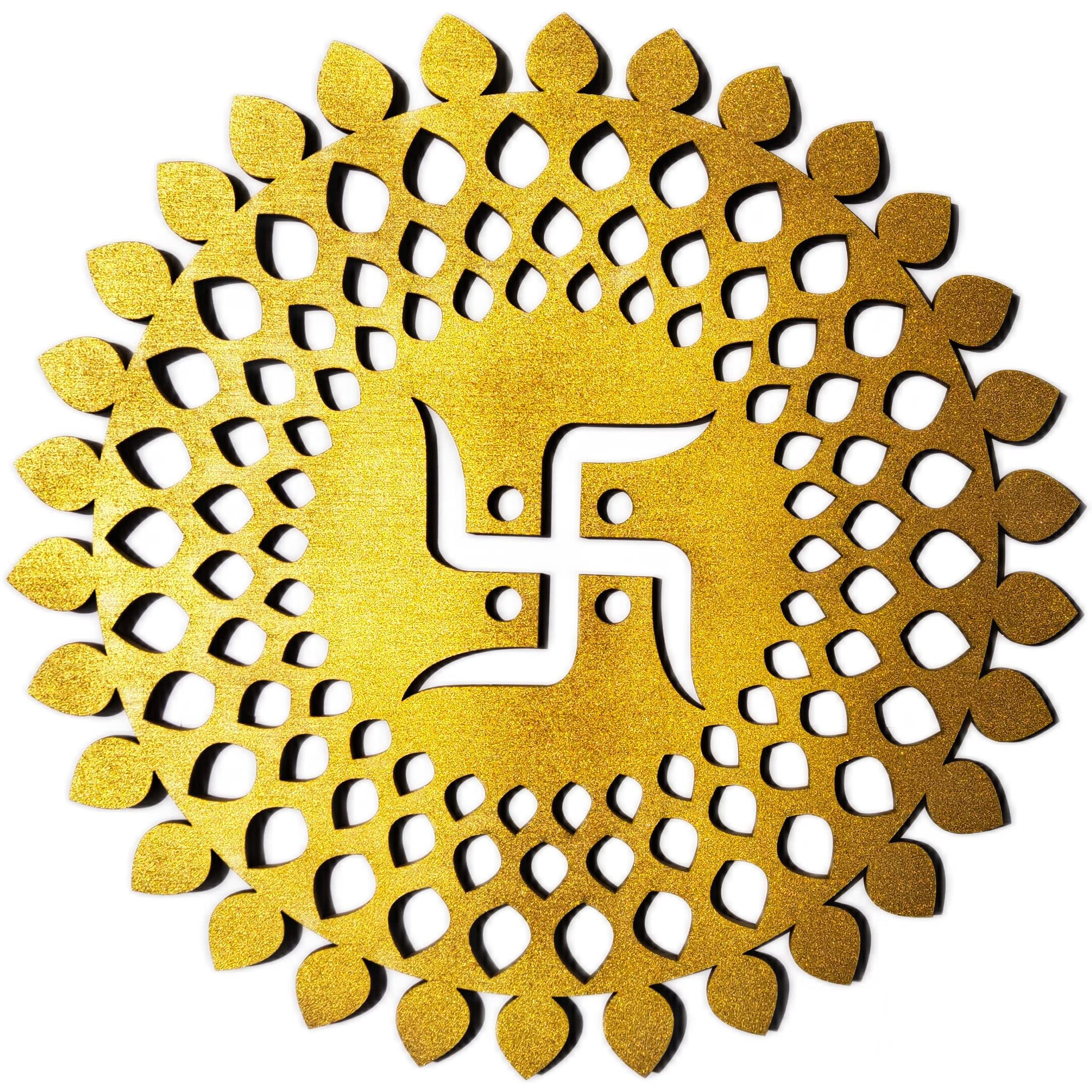 My Dream Carts Golden Round Decorative Wall Art Mdf Wooden Swastika Chakra For Temple, Living Room, Office, Hotel, Home Decor Items, Gift Item, Mandala Wall Hanging For House Decoration 20x20cm