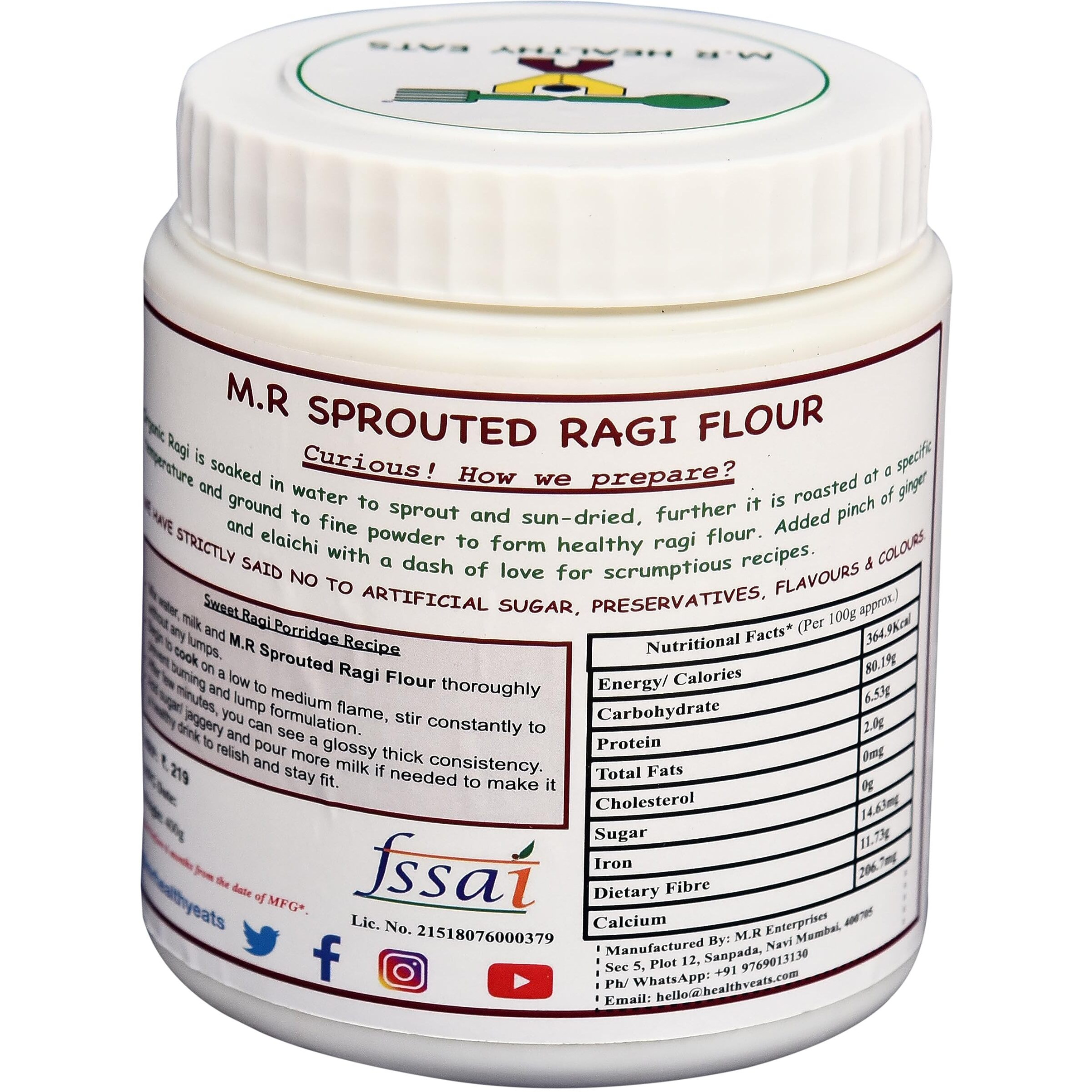 M.R Healthy Eats- Organic Sprouted Ragi Flour for Kids & Adults In Food-Grade Container 400 gms (+6 months)