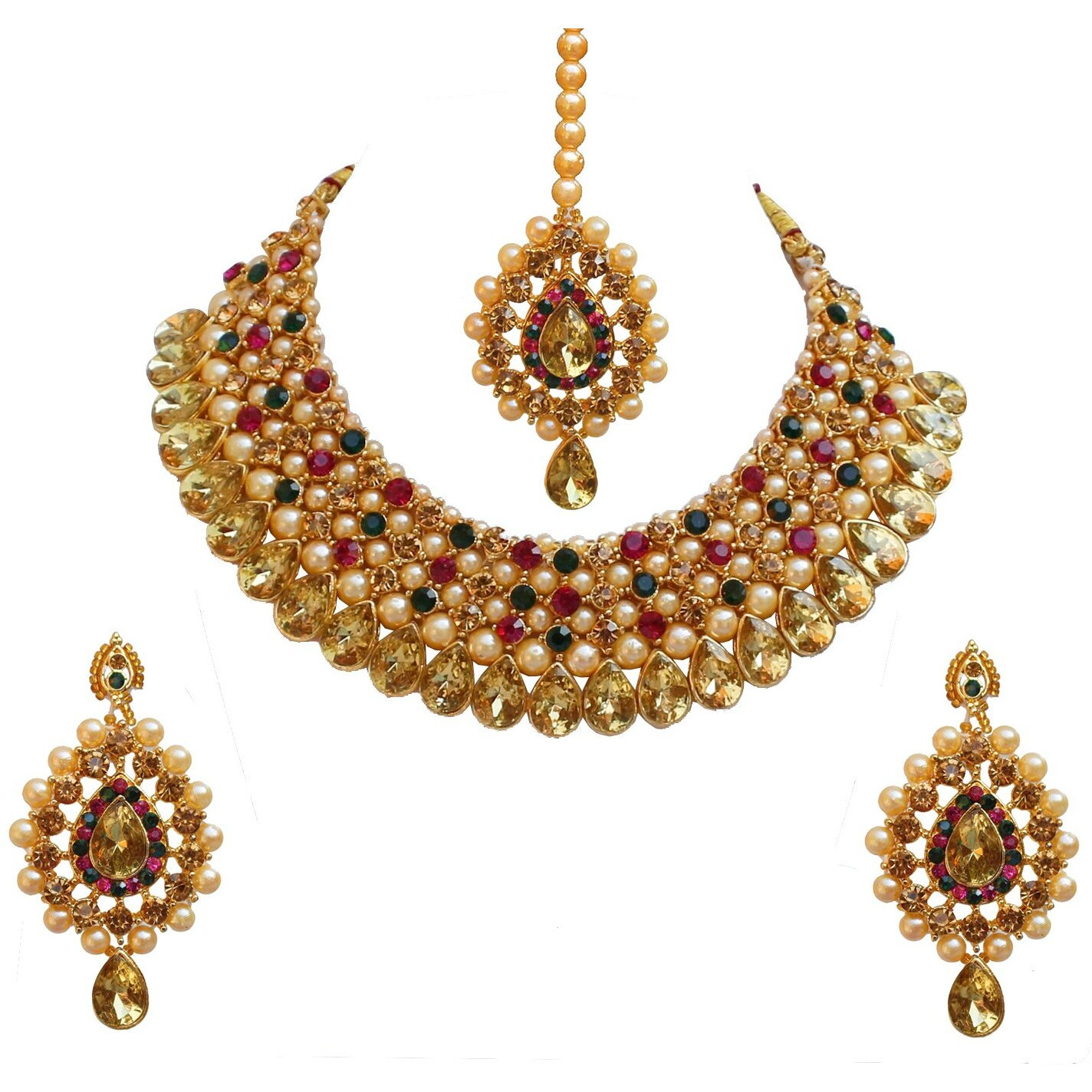 Lucky Jewellery Stunning Magenta Green Color Stone Gold Plated Necklace Set for Girls & Women (726-ISS-823-G-LCT-RG)