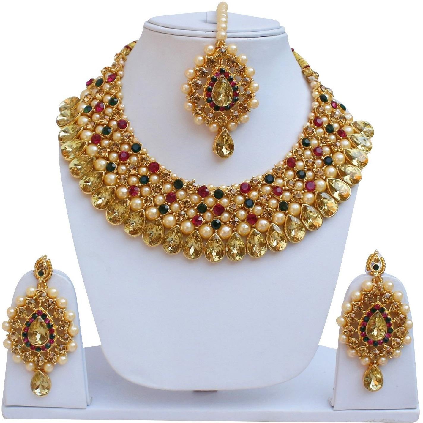 Lucky Jewellery Stunning Magenta Green Color Stone Gold Plated Necklace Set for Girls & Women (726-ISS-823-G-LCT-RG)