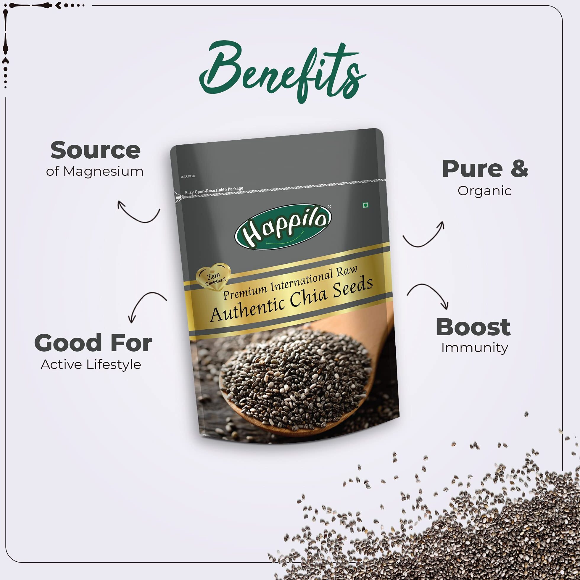 Happilo Premium Authentic Chia Seeds 250g, Diet Food for Weight Management, Rich in Fiber and Omega 3, Healthy Breakfast Snack