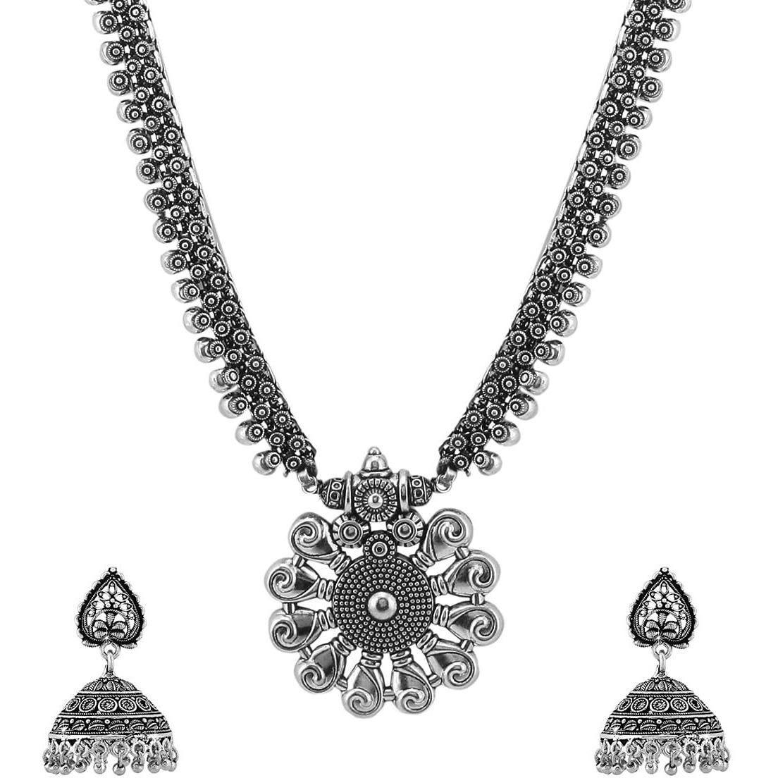 Yellow Chimes Jewellery Set for Women's and Girls Traditional Silver Oxidised Jewellery Set Silver Necklace Set for Women's | Floral Charm Long Oxidized Necklace Set | Birthday
