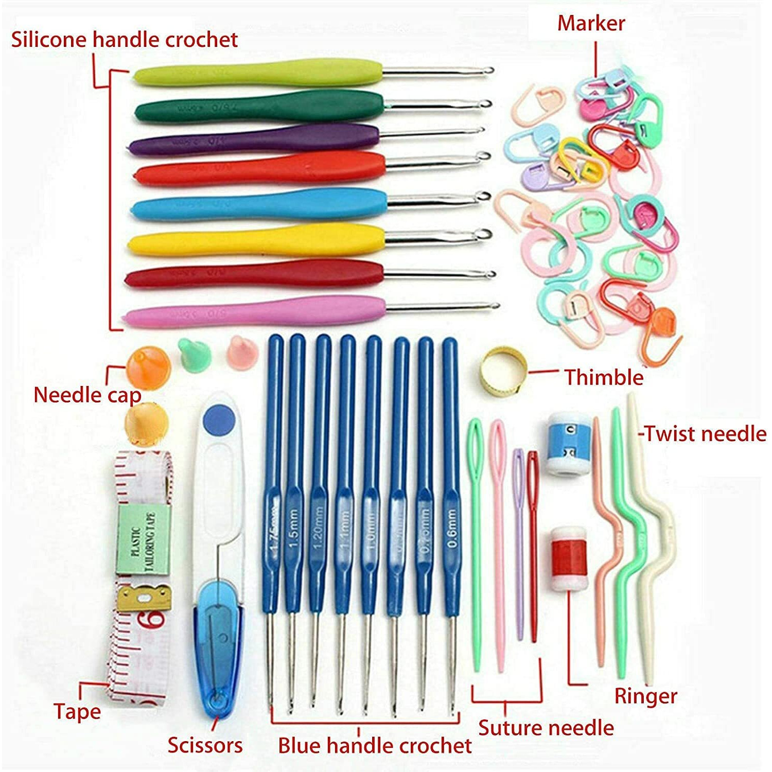 Qzep Crochet Set 53 Pcs Sewing Knitting Needle Hook Set,Sewing Knitting Needle Kit with 16pcs Soft Grip Handles Hooks 0.6mm-6mm, 1 Scissor, 1 Tape Measure, 3 Tapestry for Hand Knitted