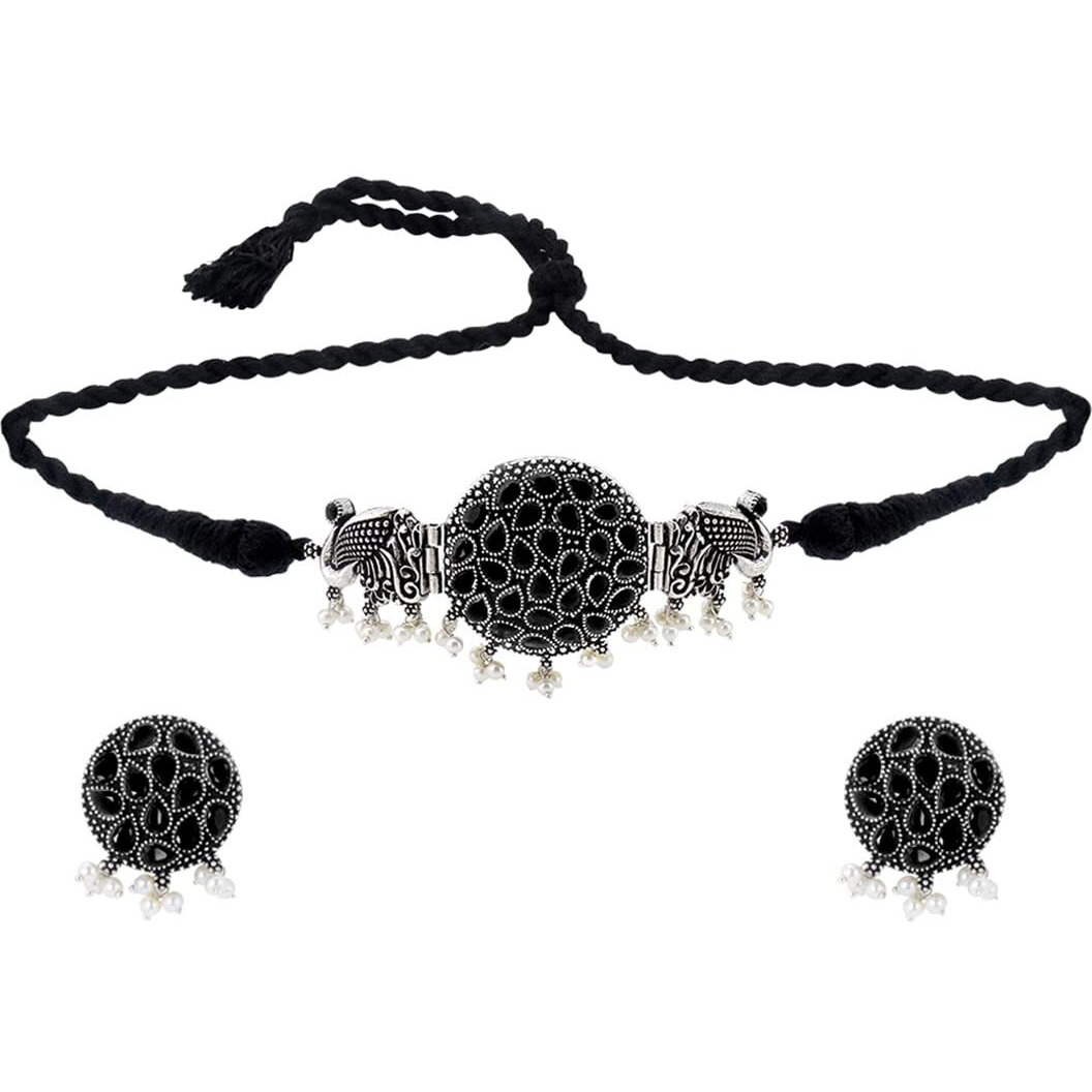 Yellow Chimes Ethnic German Silver Oxidised Studded Black Stone Peacock Design Threaded Choker Necklace Set Traditional Jewellery Set for Women and Girls