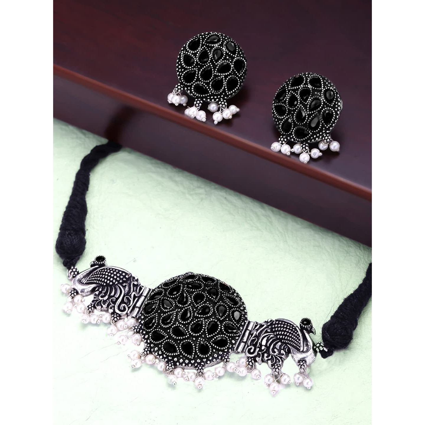 Yellow Chimes Ethnic German Silver Oxidised Studded Black Stone Peacock Design Threaded Choker Necklace Set Traditional Jewellery Set for Women and Girls
