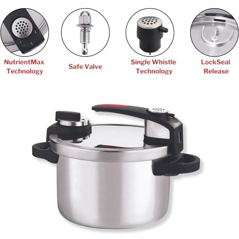 Vinod Stainless Steel Nutrimax Pressure Cooker 3.5 Litre|Sas Technology|Spillage Control,Unique Lid,Auto Lock,Visual Indicator|Induction And Gas Base|Isi Certified|5 Years Warranty,Silver