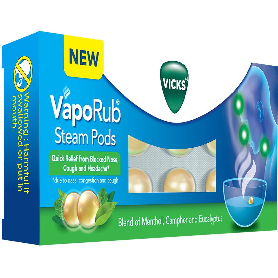 Vicks VapoRub SteamPods 10s, For Steam Inhalation, Quick relief from blocked nose, sinus congestion, headache, and cough due to cold.