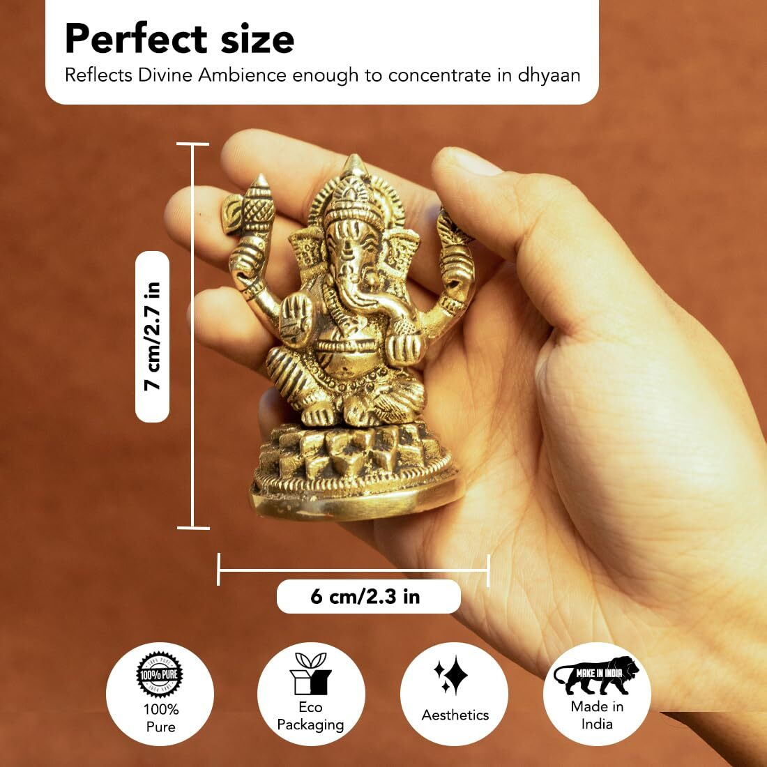 Ekhasa 100% Pure Brass Ganesha Idol (Size 8.4 cm) | Pital Ganesh Murti for Pooja Room, Home Decor, Office Desk and Car Dashboard | Vinayagar Statue for Diwali Puja