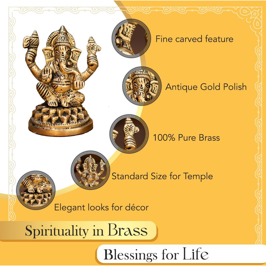 Ekhasa 100% Pure Brass Ganesha Idol (Size 8.4 cm) | Pital Ganesh Murti for Pooja Room, Home Decor, Office Desk and Car Dashboard | Vinayagar Statue for Diwali Puja