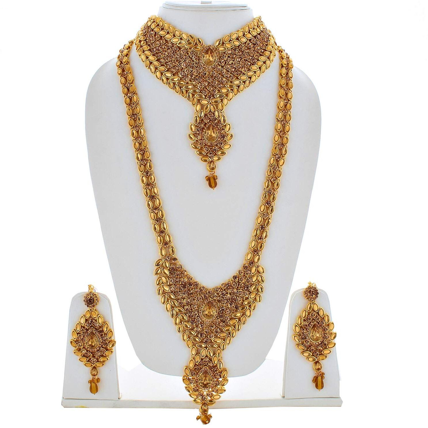 Lucky Jewellery LCT Gold Color Alloy Kundan & Cz Stone Bridal Jewellery Set for Women -9 Pcs. (3894-IZS-1002-LCT)