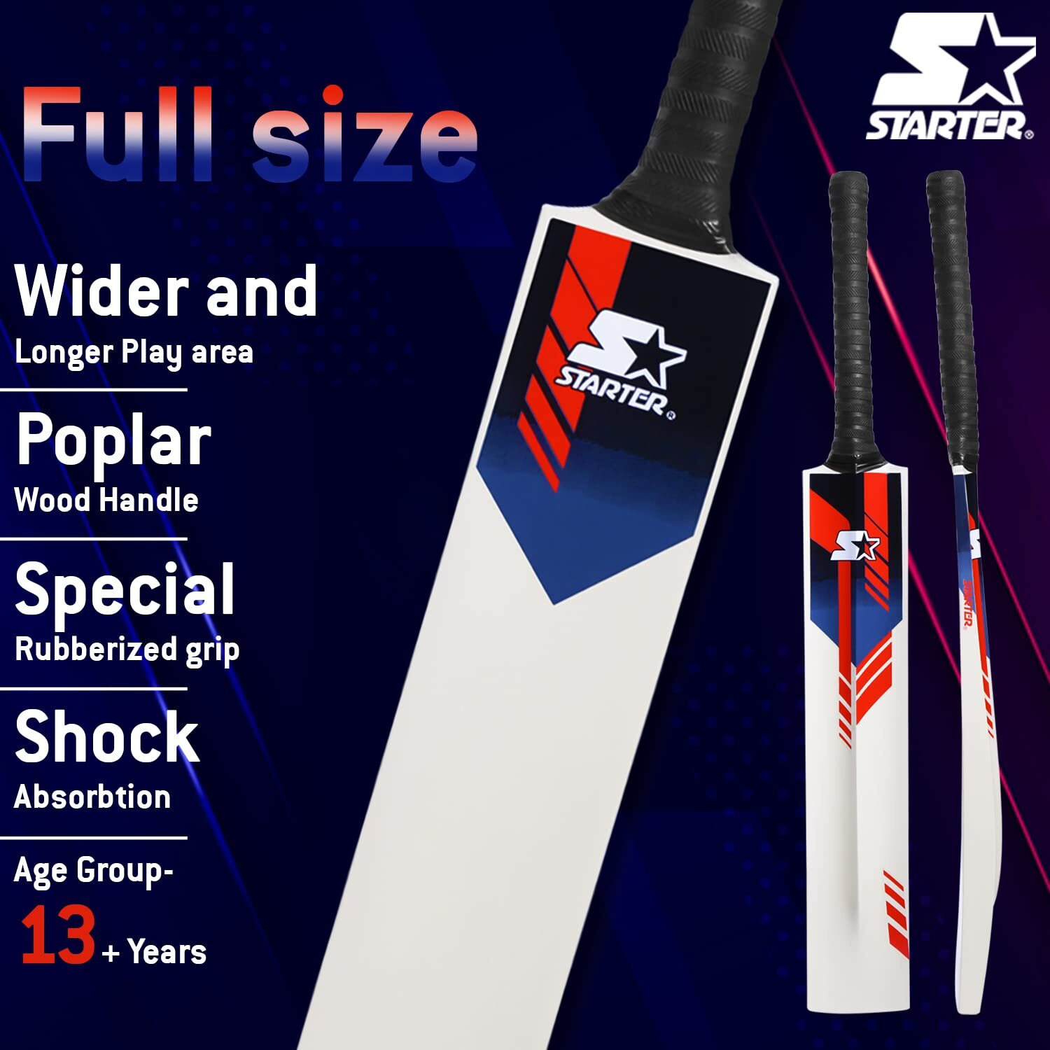 STARTER Poplar Willow Cricket Bat with Poplar Wood Handle for Tennis Ball - 13+ Years Kids -Full Size - Red & Blue