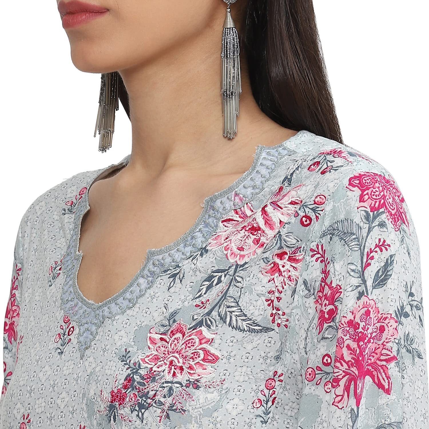 BIBA Rayon Women's Printed Straight Salwar Kurta Dupatta(Skdrose Bow8557_Steel Blue_42)