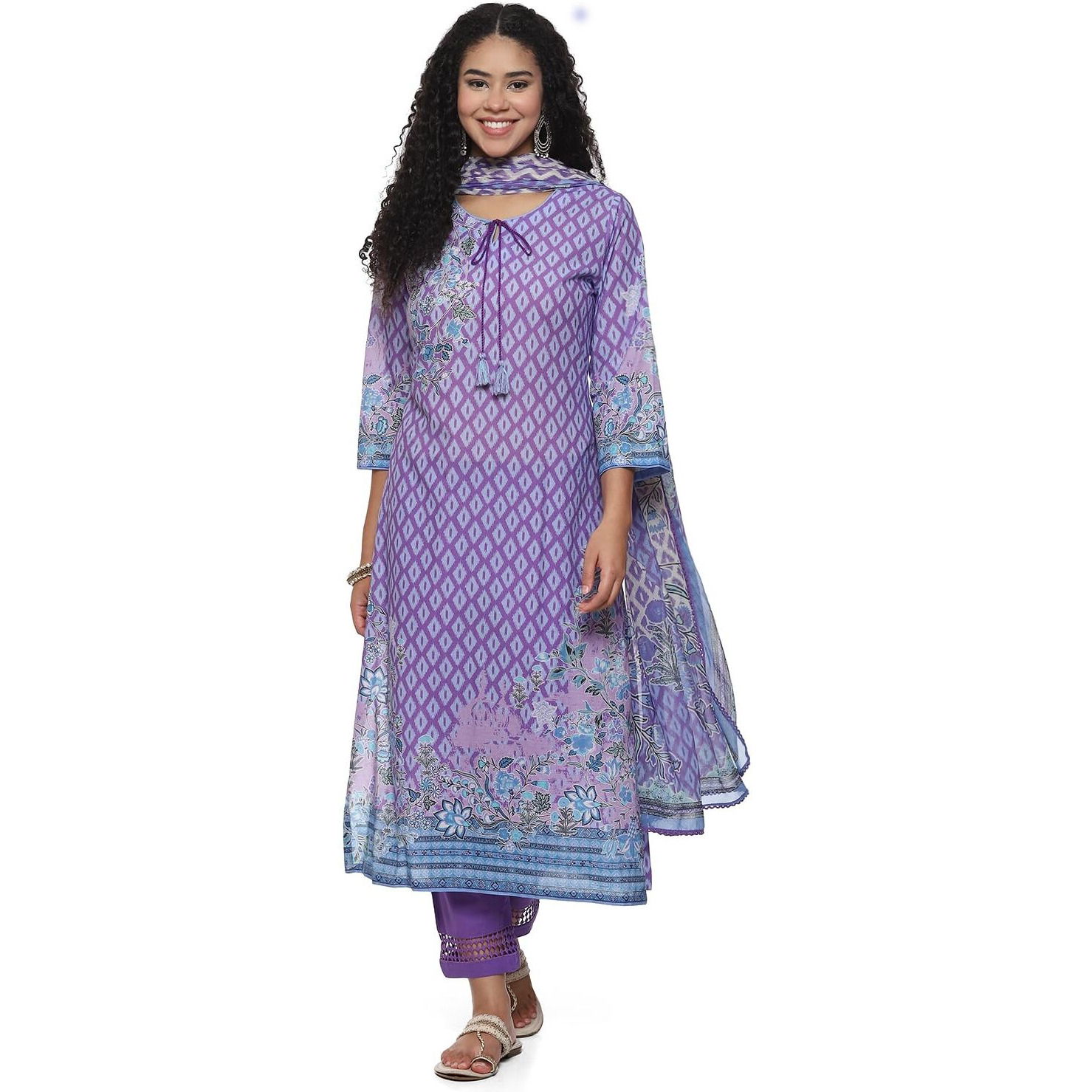BIBA WOMEN PRINTED STRAIGHT SALWAR KURTA DUPATTA(SKDASSORTED7483E_LAVENDAR_32)
