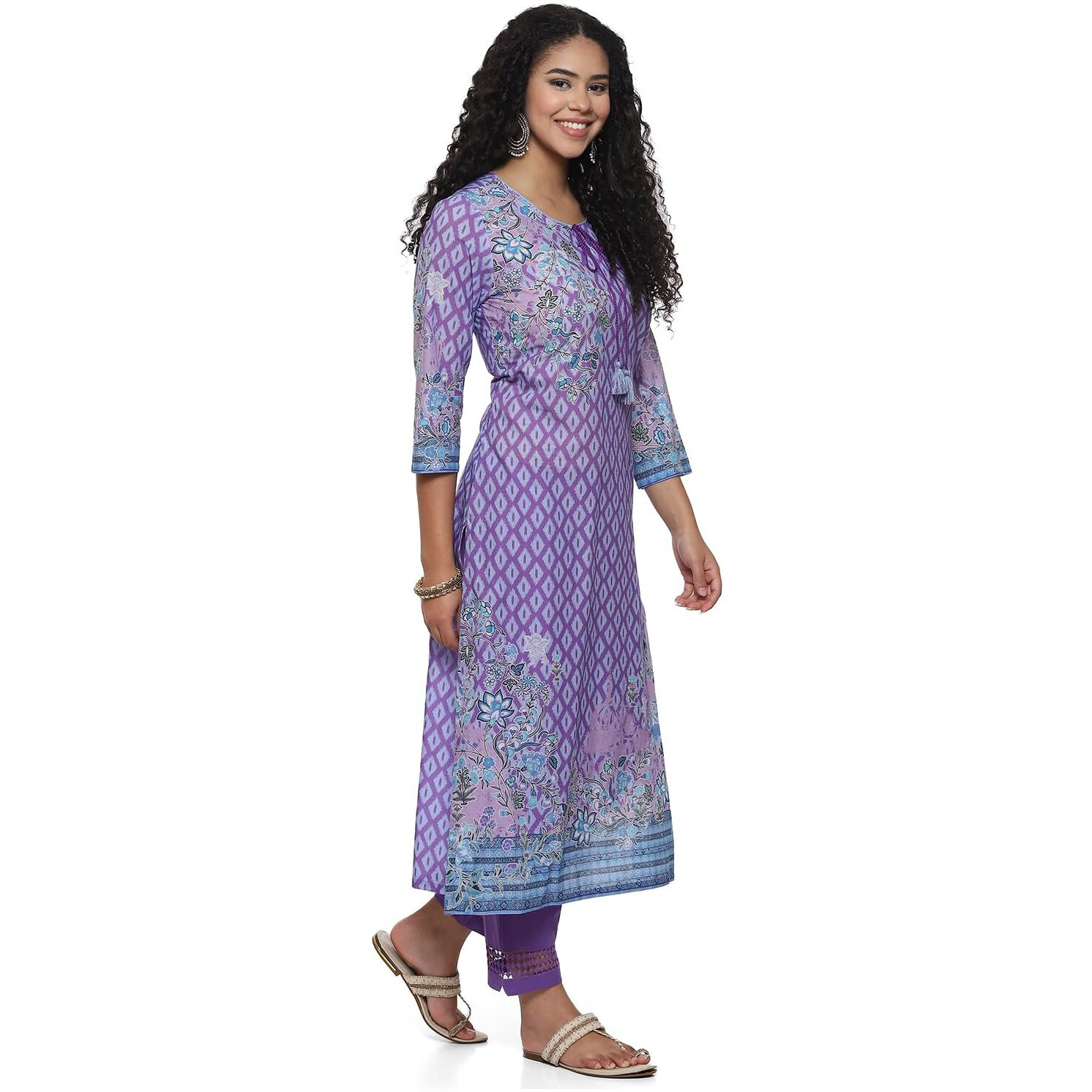 BIBA WOMEN PRINTED STRAIGHT SALWAR KURTA DUPATTA(SKDASSORTED7483E_LAVENDAR_32)