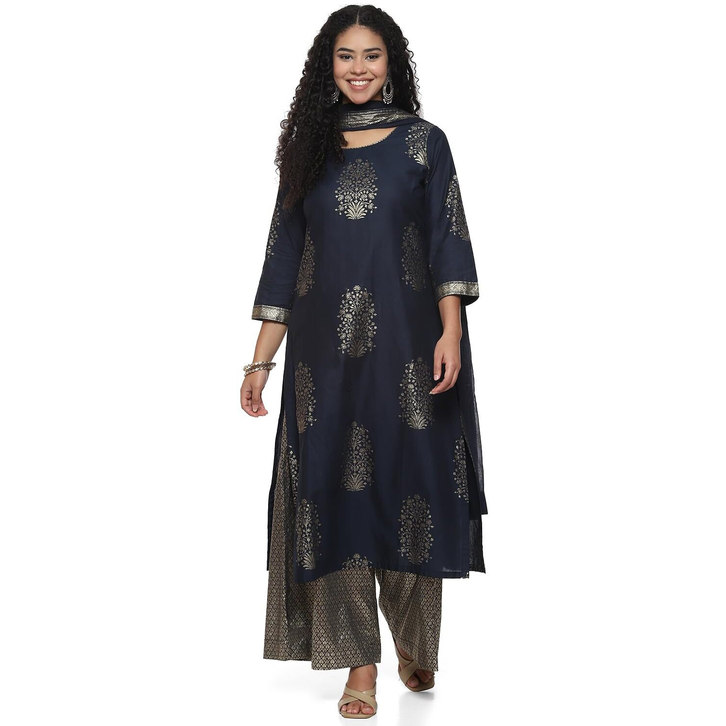 BIBA WOMEN PRINTED STRAIGHT SALWAR KURTA DUPATTA(SKDASSORTED7074E_NAVY BLUE_36)