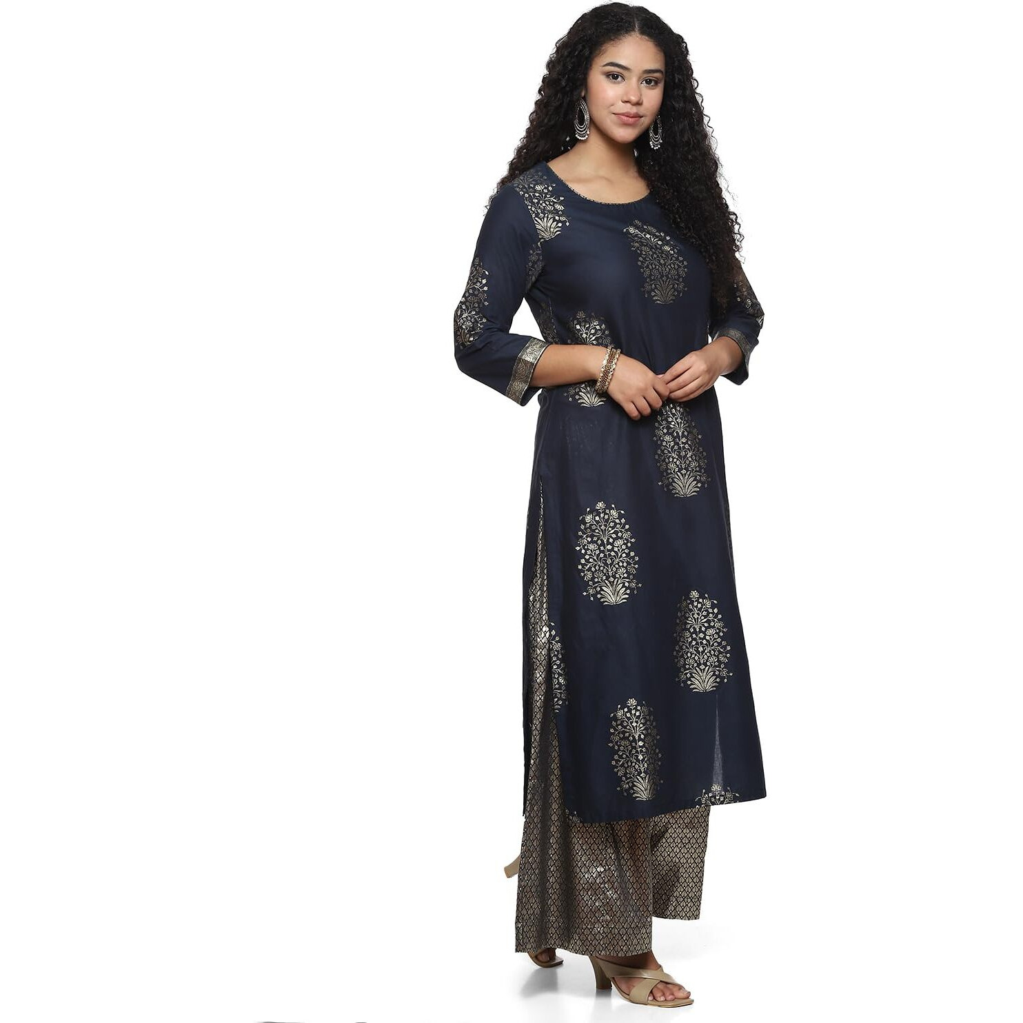 BIBA WOMEN PRINTED STRAIGHT SALWAR KURTA DUPATTA(SKDASSORTED7074E_NAVY BLUE_36)