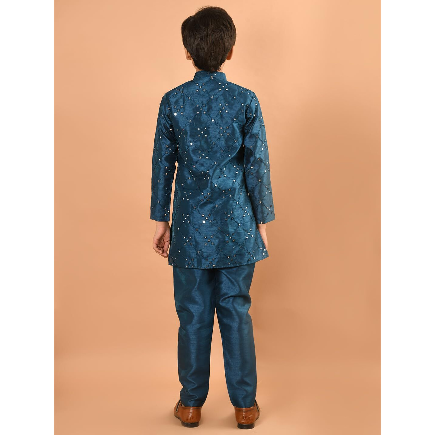 LILPICKS Embellished Button Down Straight Mandarin Collar Kurta Pajama Set for Boys (Petrol Blue) (5-6Y)