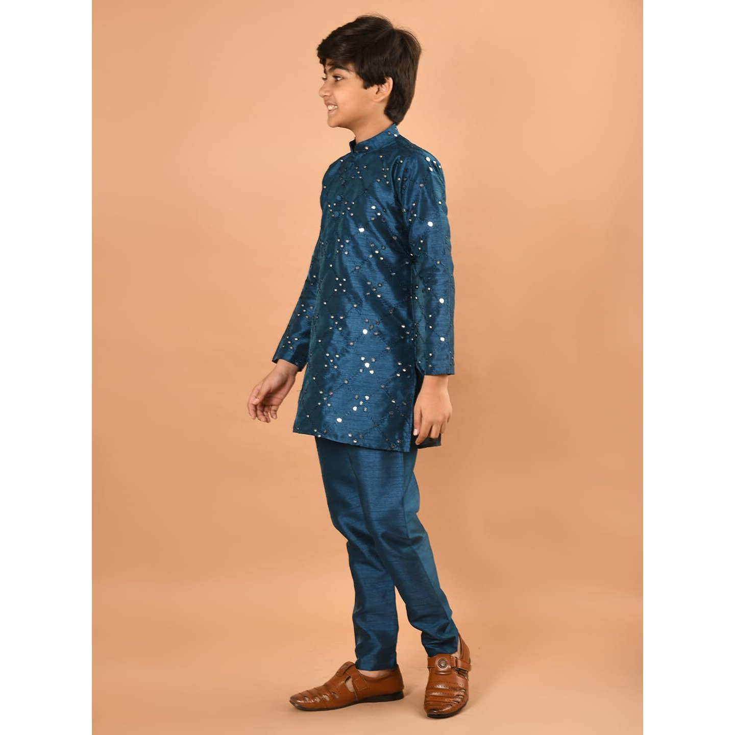 LILPICKS Embellished Button Down Straight Mandarin Collar Kurta Pajama Set for Boys (Petrol Blue) (5-6Y)