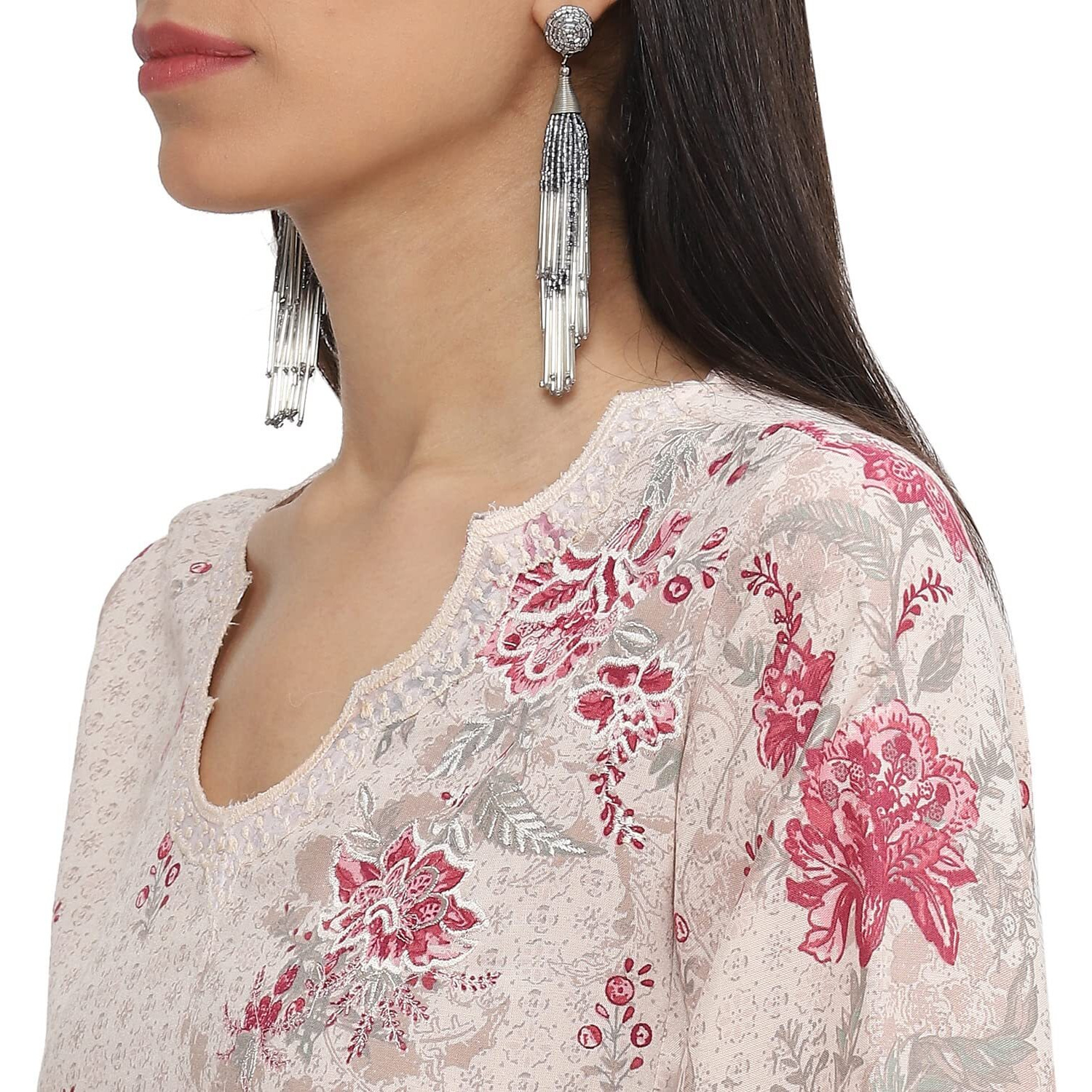 BIBA Women Printed Straight Salwar Kurta Dupatta(SKDROSE BOW8557_Beige_34)