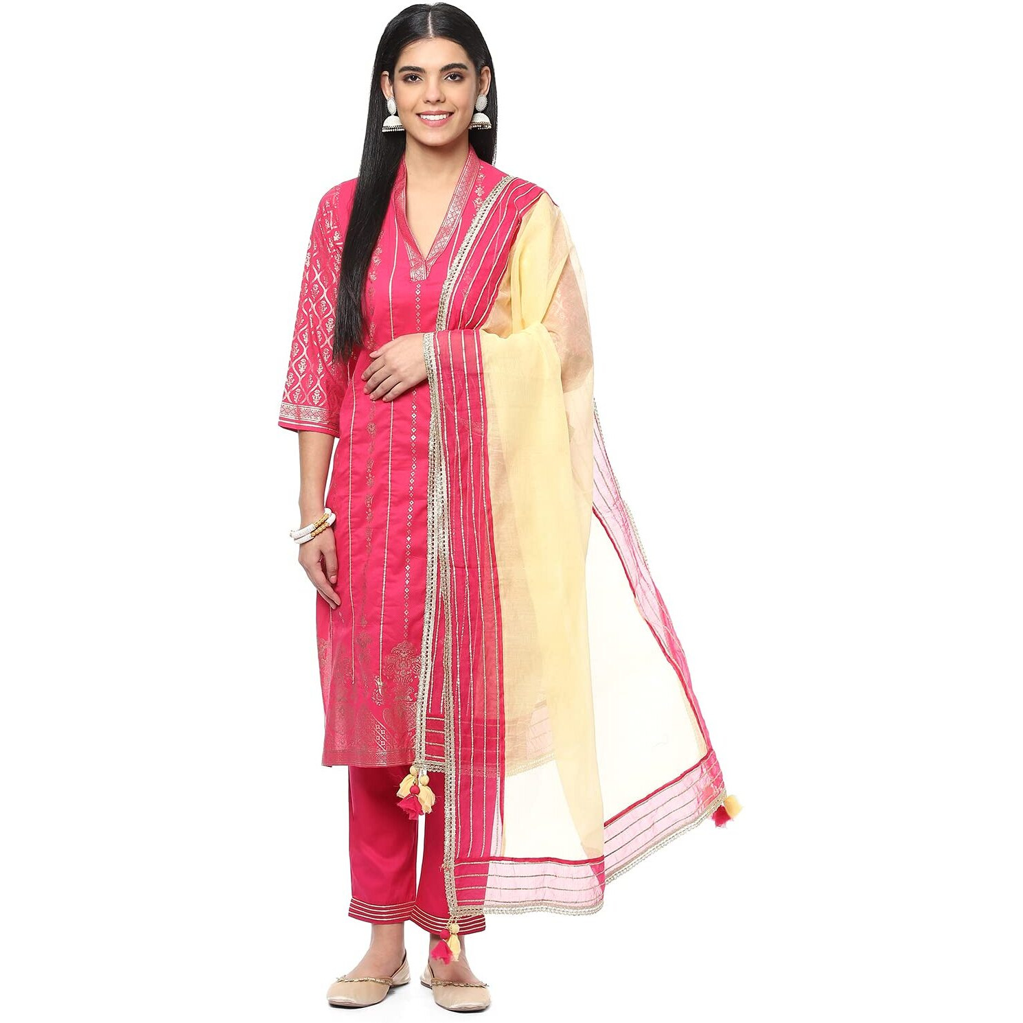 BIBA WOMEN PRINTED NARROW SALWAR KURTA DUPATTA(SKDSUMMER S7860_FUCHSIA_36)