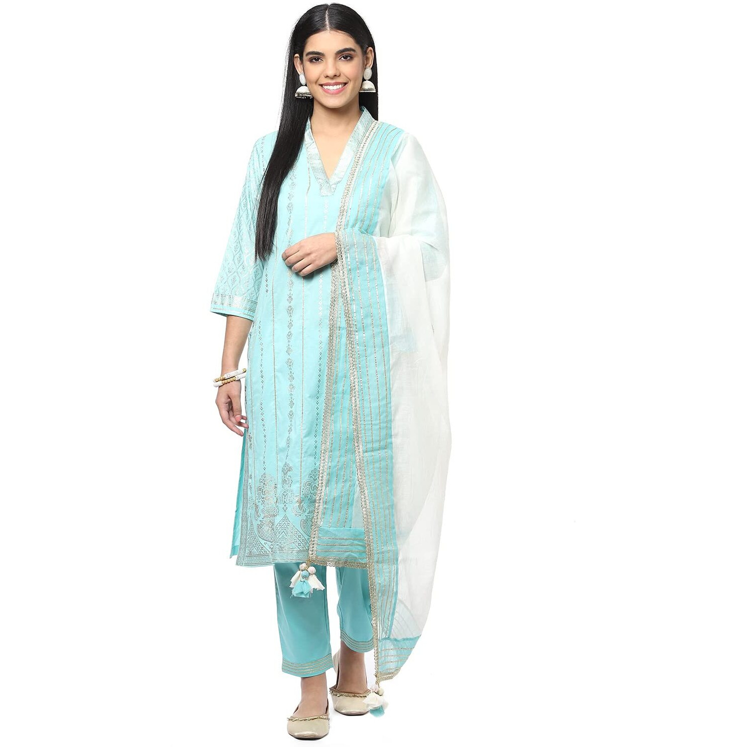 BIBA Cotton Women's Printed Narrow Salwar Kurta Dupatta(Skdsummer S7860_Aqua_34)