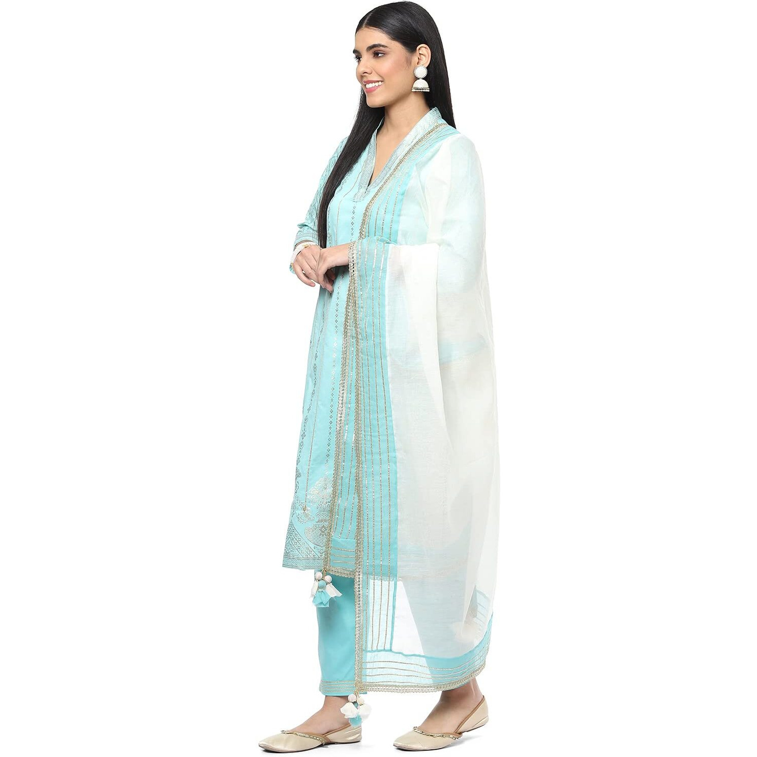 BIBA Cotton Women's Printed Narrow Salwar Kurta Dupatta(Skdsummer S7860_Aqua_34)