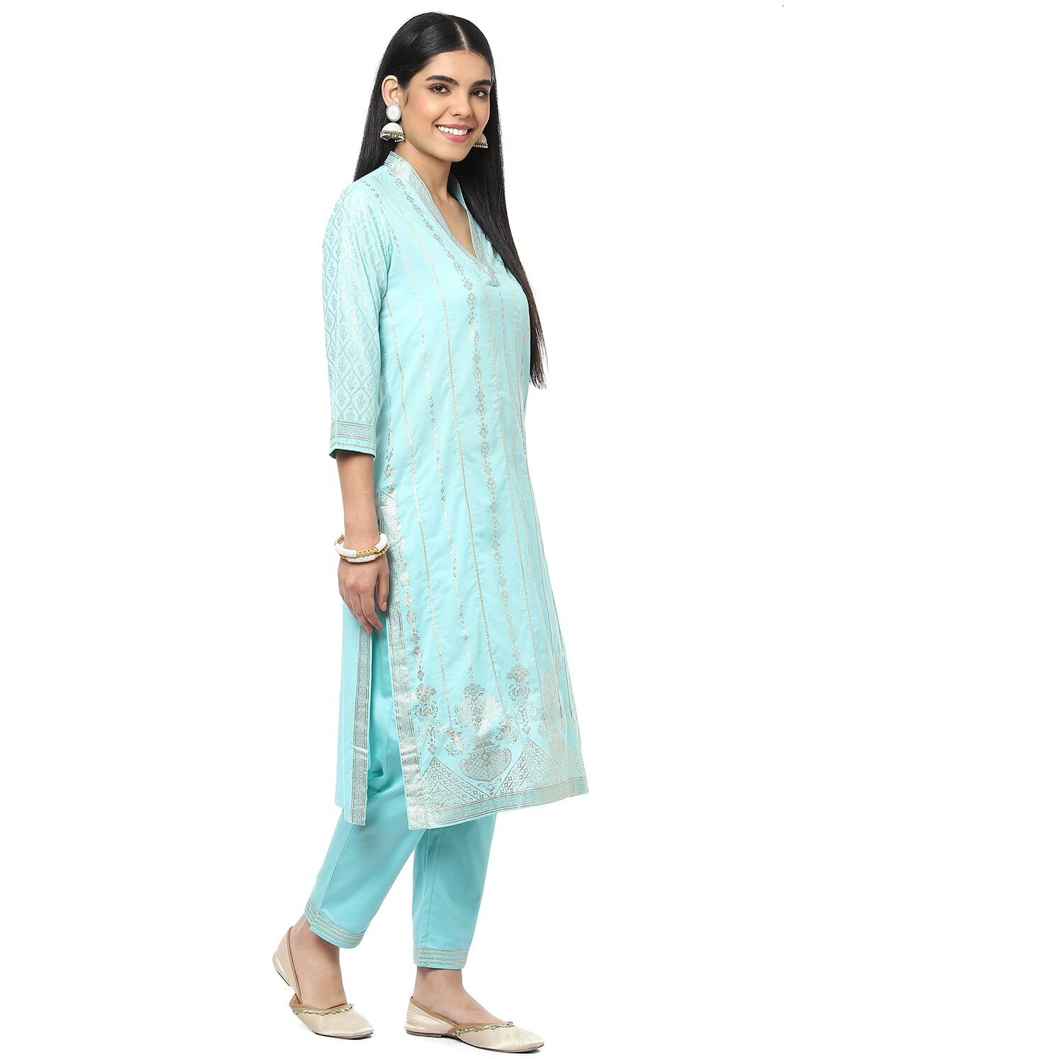 BIBA Cotton Women's Printed Narrow Salwar Kurta Dupatta(Skdsummer S7860_Aqua_34)