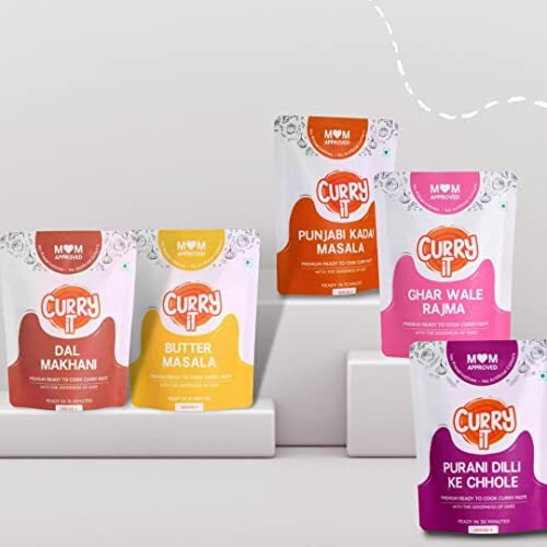 CURRYiT Vegetarian Combo | Chole Masala, Dal Makhni, Butter Paneer, Punjabi Kadhai Masala & Rajma | Ready in 15 Mins | Made with Ghee | Ready To Cook Indian Masala Gravy (Pack of 5-250g Each)