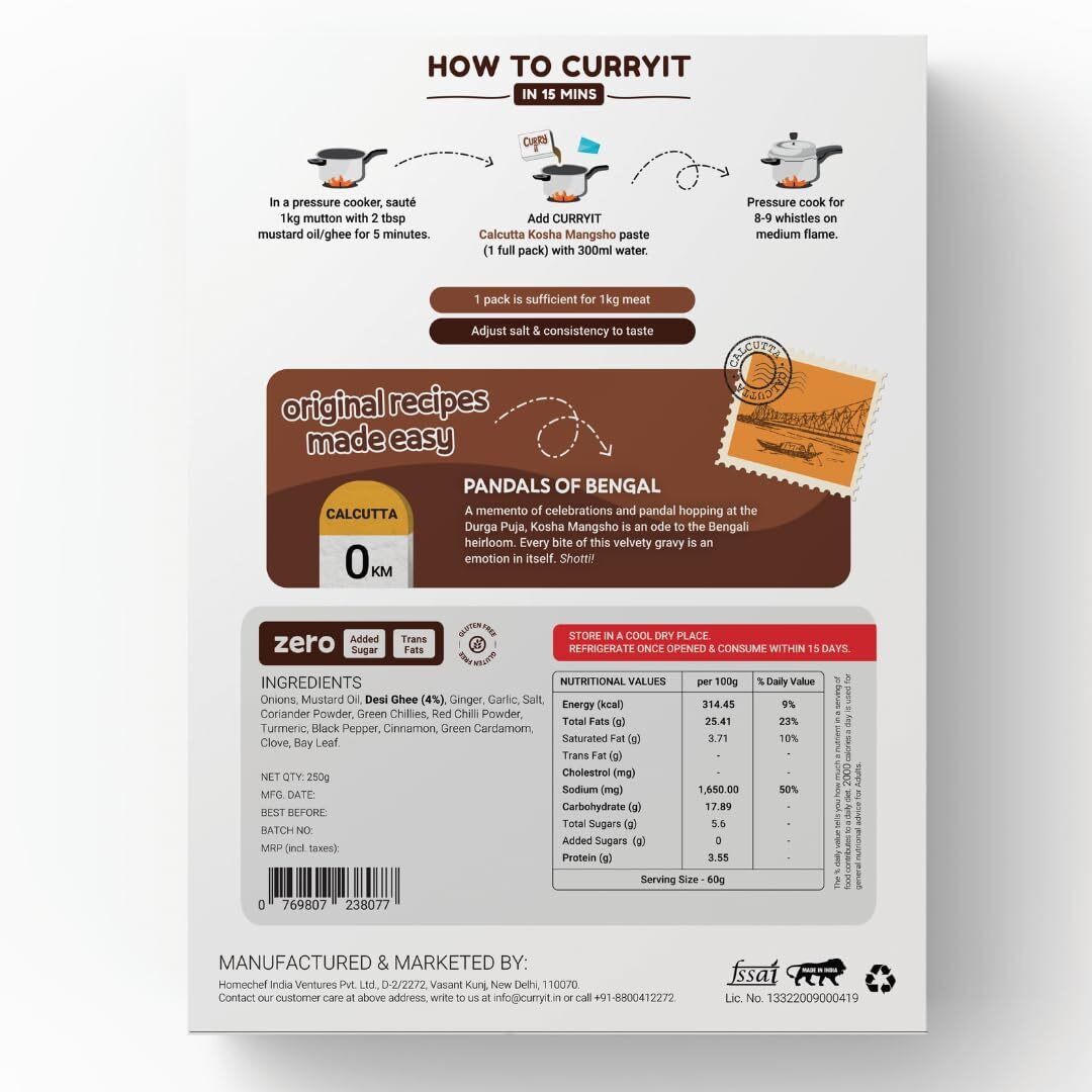 CURRYiT Instant Calcutta Kosha Mangsho Curry Paste | Just Add Mutton, Chicken, Fish | Ready in 15-30 Mins | Serves 4-6 | Made with Ghee | No Preservatives | Ready To Cook Indian Masala Gravy | 250g