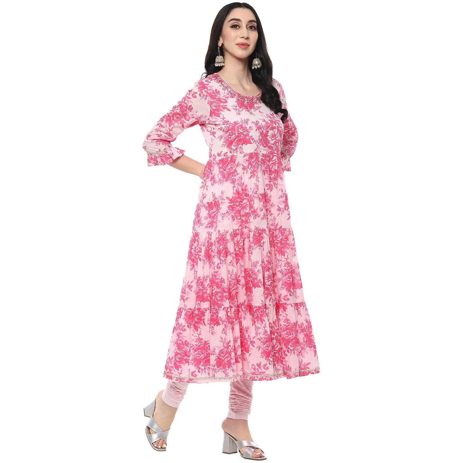 BIBA Women Cotton Printed Anarkali Salwar Kurta Dupatta(Skdamber9534_Pink_42)