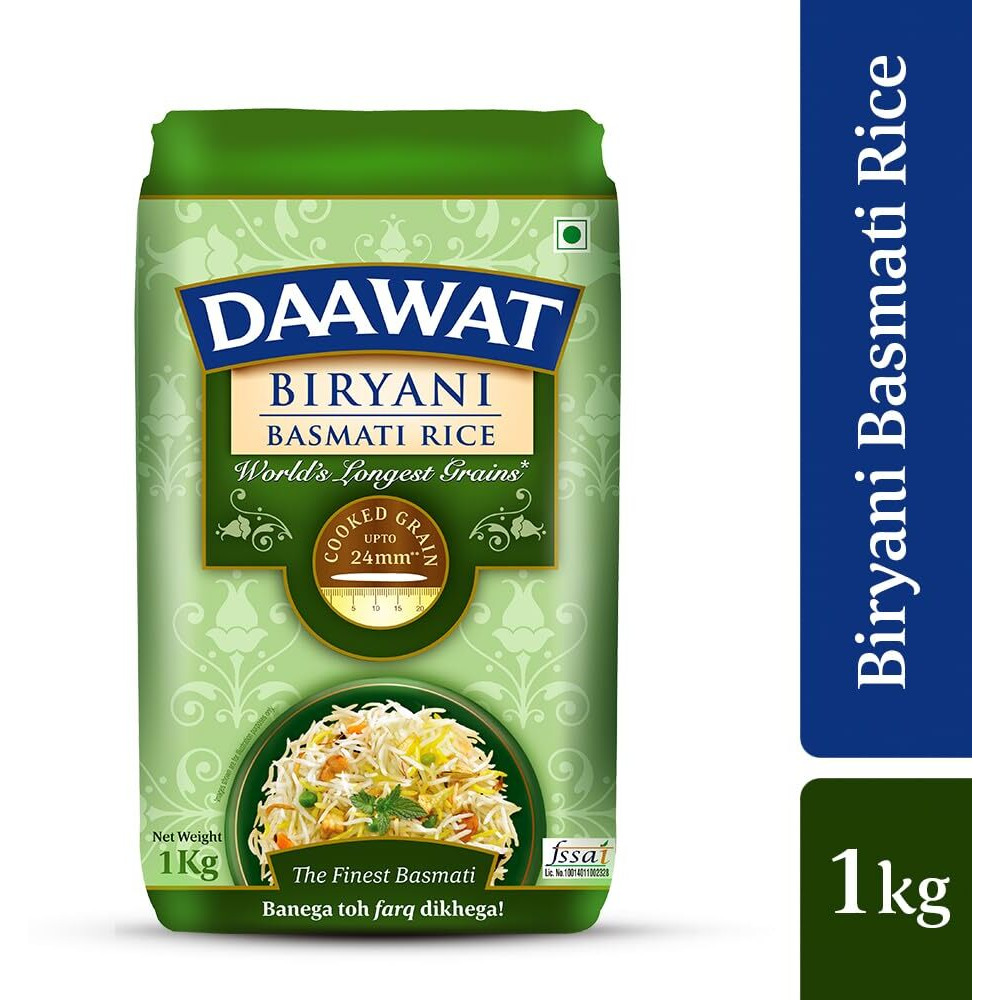 Daawat Biryani Basmati Rice| Worlds Longest Rice Grain expands 24mm* | Tasty, Non-sticky & Rich Aroma |Naturally Aged|1 Kg