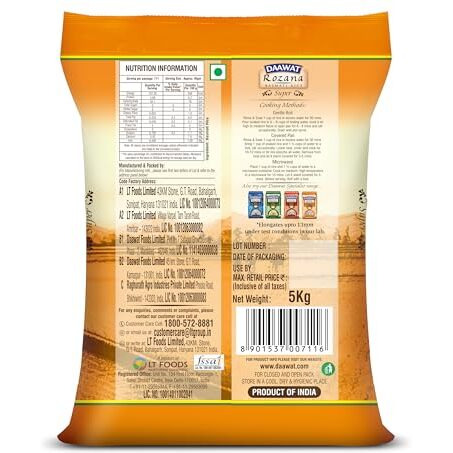 Daawat Rozana Super Basmati Rice 5Kg| For Everyday Consumption| Cooked Grain Upto 13mm*| Naturally Aged