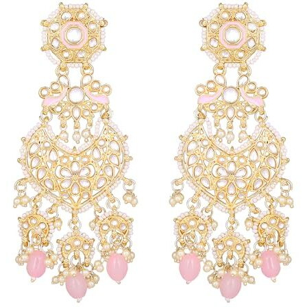 Gehena by Estele Gold Plated Gorgeous Drop Earrings with Kundan & Mint Pink Beads for Girls/Women