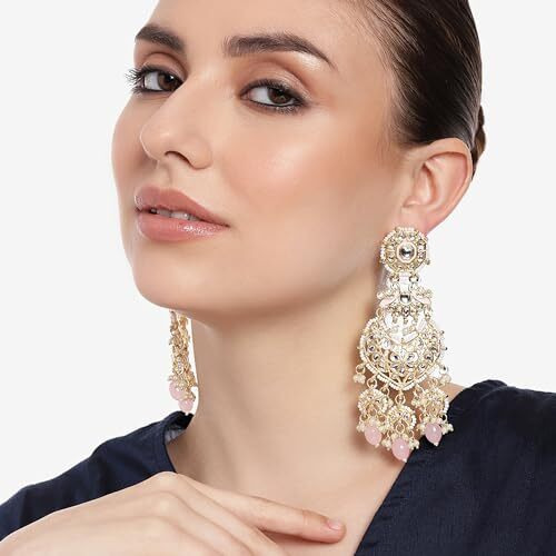 Gehena by Estele Gold Plated Gorgeous Drop Earrings with Kundan & Mint Pink Beads for Girls/Women