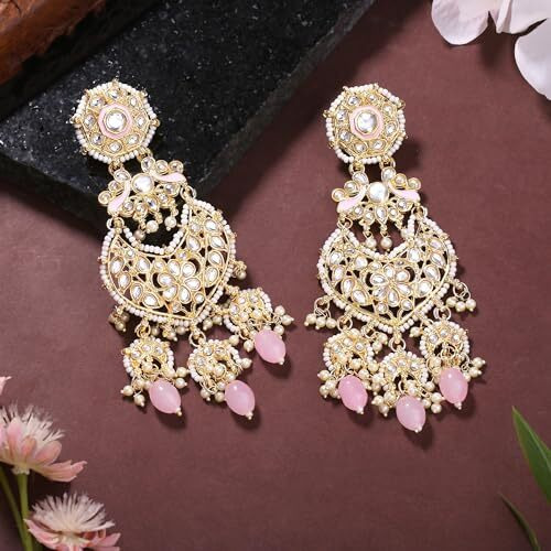 Gehena by Estele Gold Plated Gorgeous Drop Earrings with Kundan & Mint Pink Beads for Girls/Women