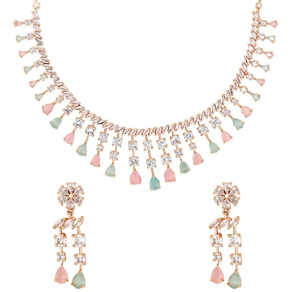 Yellow Chimes American Diamond Necklace Set For Women | Multi Color Stone Rose Gold Jewellery Set For Women | Diamond Necklace Set | Birthday Gift for Girls Anniversary Gift for Wife