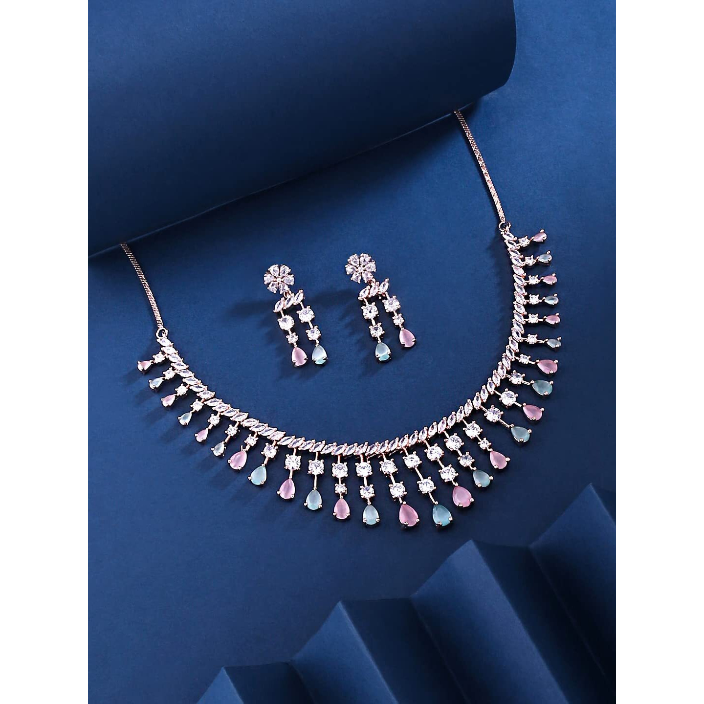 Yellow Chimes American Diamond Necklace Set For Women | Multi Color Stone Rose Gold Jewellery Set For Women | Diamond Necklace Set | Birthday Gift for Girls Anniversary Gift for Wife