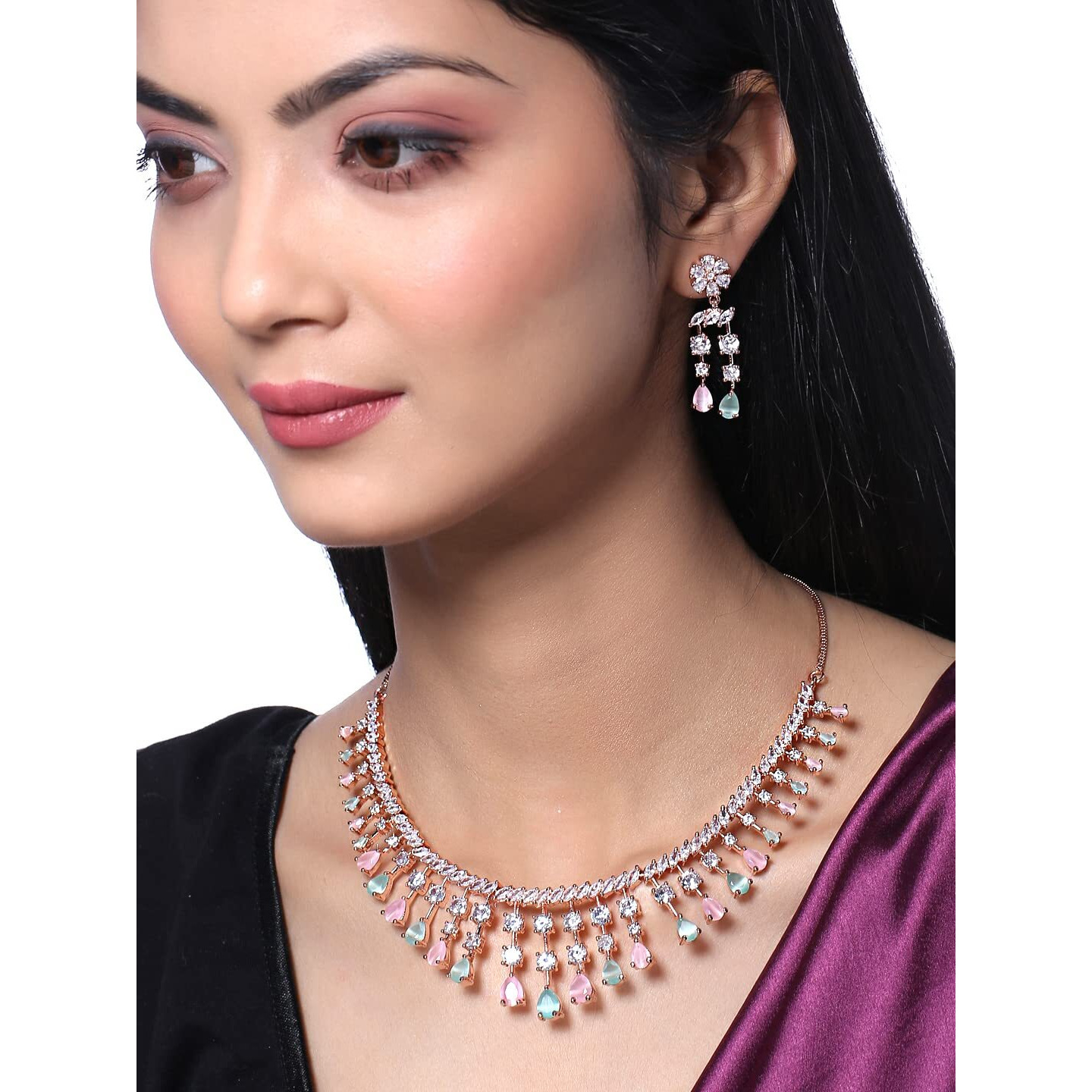 Yellow Chimes American Diamond Necklace Set For Women | Multi Color Stone Rose Gold Jewellery Set For Women | Diamond Necklace Set | Birthday Gift for Girls Anniversary Gift for Wife