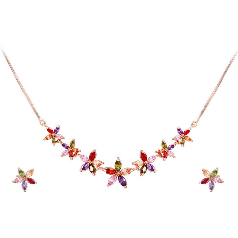 Yellow Chimes Fashion Jewellery Set for Women Florets Charms Swiss Cubic Zirconia 18K Rose Gold Plated Necklace Set for Women and Girls