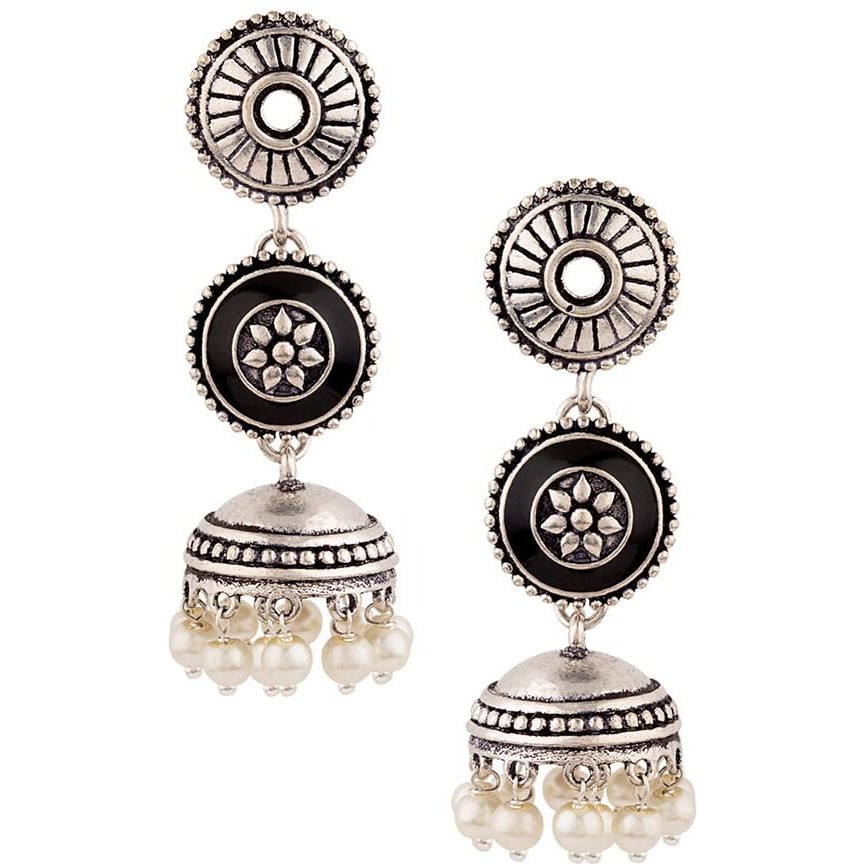 Voylla Oxidized Silver Plated Brass Rangabati Beaded Enamelled Embellished Oxidized Round shaped Dangle & Drop Jhumka Dome Earrings for Women and Girls