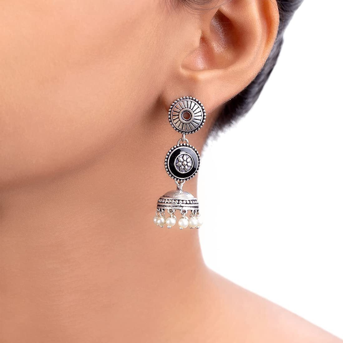 Voylla Oxidized Silver Plated Brass Rangabati Beaded Enamelled Embellished Oxidized Round shaped Dangle & Drop Jhumka Dome Earrings for Women and Girls