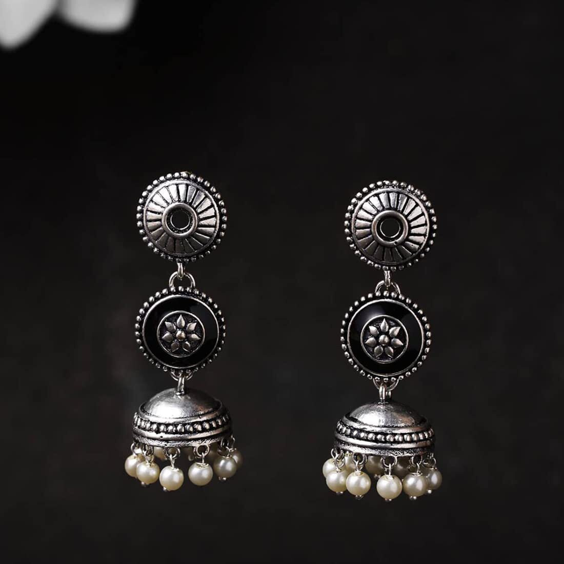 Voylla Oxidized Silver Plated Brass Rangabati Beaded Enamelled Embellished Oxidized Round shaped Dangle & Drop Jhumka Dome Earrings for Women and Girls