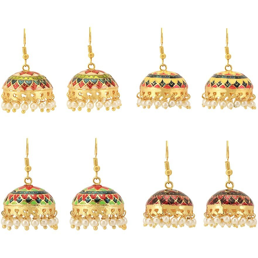 Yellow Chimes Meenakari Jhumka Earrings for Women Combo of 4 Pairs Meenakari Handcrafted Jaipur Rajasthani Style Traditional Jhumka/Jhumki Earrings for Women and Girls