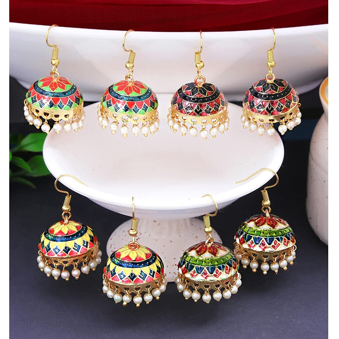 Yellow Chimes Meenakari Jhumka Earrings for Women Combo of 4 Pairs Meenakari Handcrafted Jaipur Rajasthani Style Traditional Jhumka/Jhumki Earrings for Women and Girls