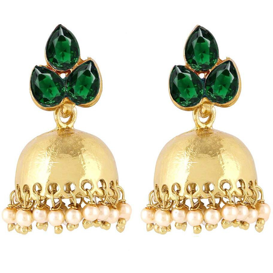 Yellow Chimes Earrings for Women & Girls | Traditional Green and Gold Jhumka | Gold Plated Earring | Leaf Shaped Jhumki with Hanging Pearls | Birthday & Anniversary Gift