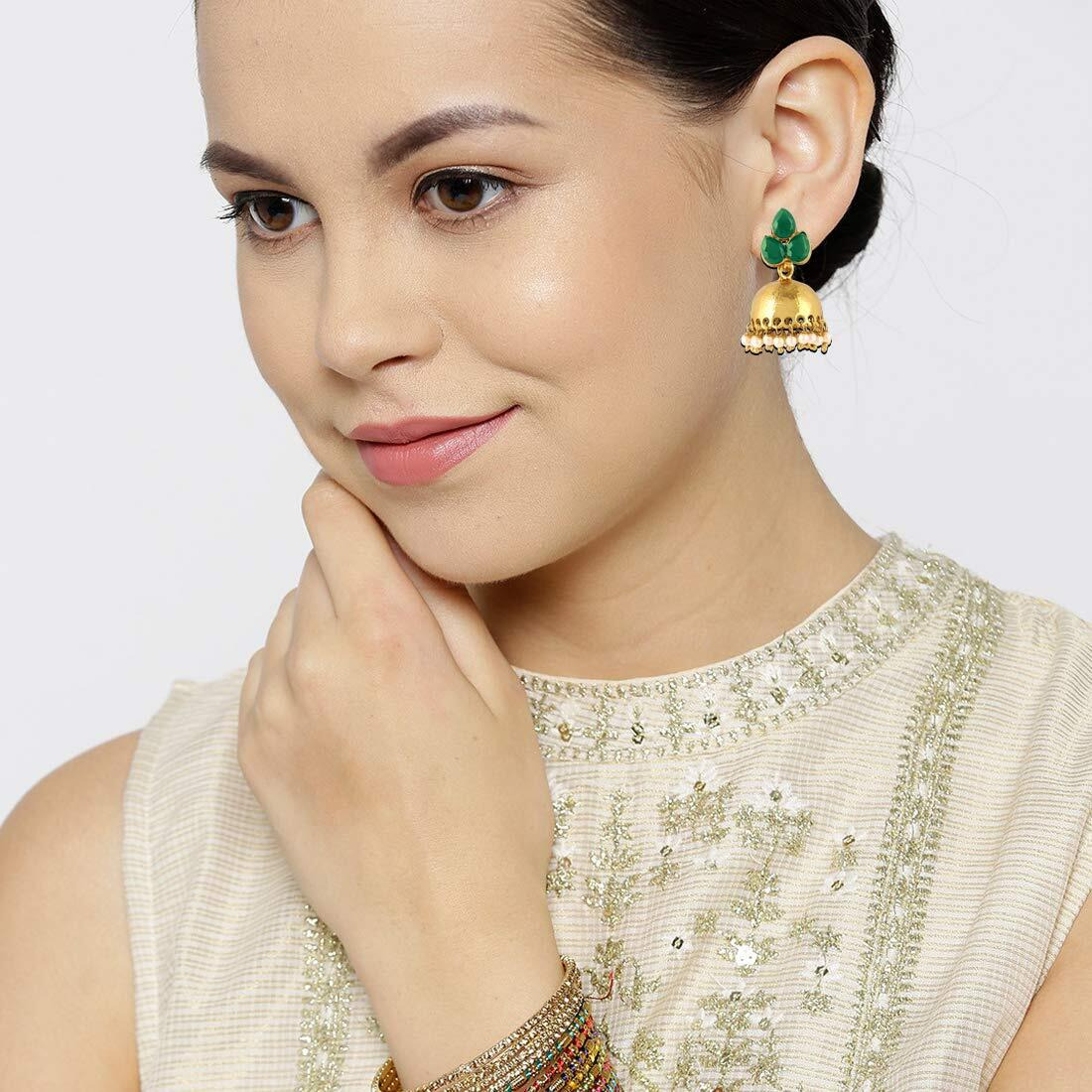 Yellow Chimes Earrings for Women & Girls | Traditional Green and Gold Jhumka | Gold Plated Earring | Leaf Shaped Jhumki with Hanging Pearls | Birthday & Anniversary Gift