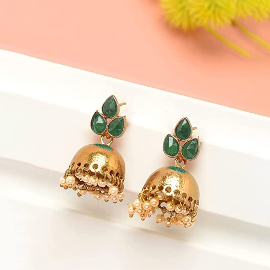 Yellow Chimes Earrings for Women & Girls | Traditional Green and Gold Jhumka | Gold Plated Earring | Leaf Shaped Jhumki with Hanging Pearls | Birthday & Anniversary Gift