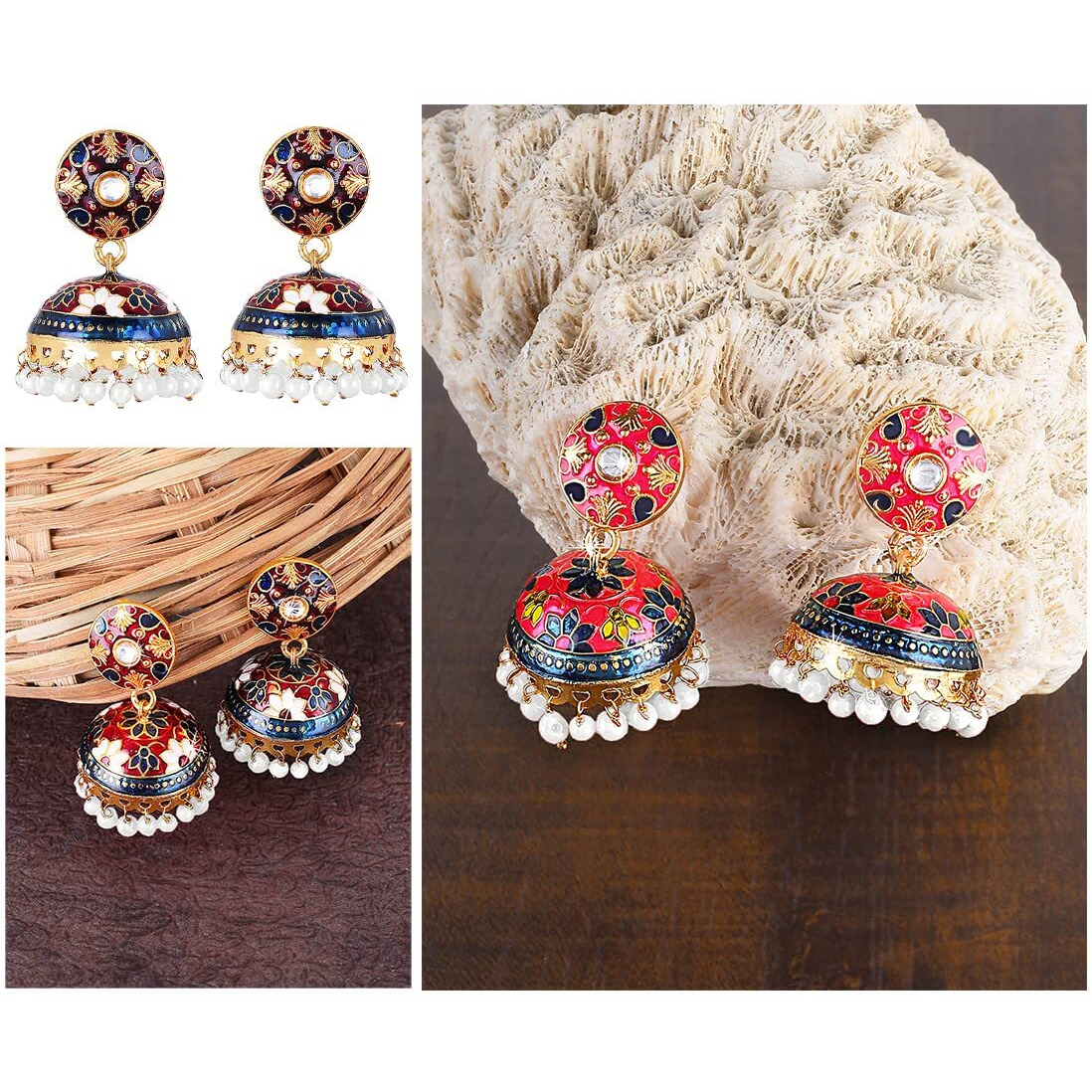Yellow Chimes Earrings for Women and Girls | Traditional Hanging Pearls Multicolor Meenakari Jhumka | Gold Plated Jhumkas Set | Floral Shaped Jhumki Combo Earrings | Accessories Jewellery for Women | Birthday Gift for Girls and Women Anniversary Gift for Wife
